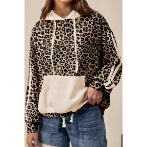 Leopard Print Waffle Contrast Kangaroo Pocket Hooded Sweatshirt
