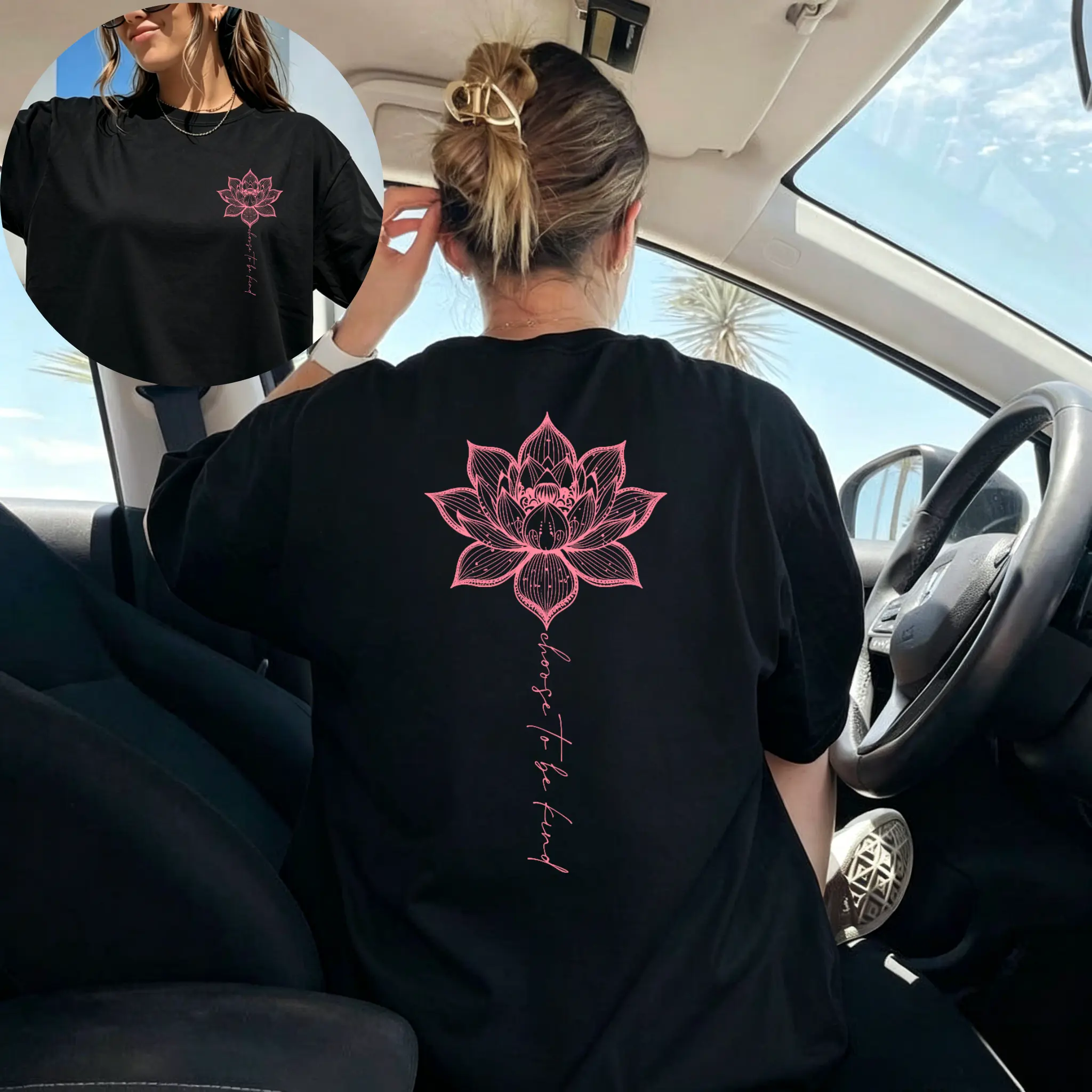 Women's Short-Sleeve Round Neck Smooth Seamless Solid Boho Lotus Mandala T-Shirt - Choose To Be Kind Graphic Tee - Yoga Gift For Her, Basic, Casual