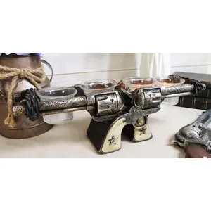 Western Cowboy Dual Crossed Sheriff Revolver Pistols 4 Votives Candle Holder