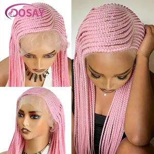 36 Inches Pink Synthetic Full Lace Braided Wig Handmade African Braiding Wig Side Part Full Lace Knotless Box Braids Wig Cosplay