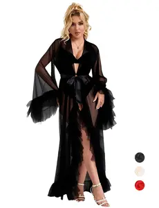 Women's Nightgown Tulle Robe Plus Size Lingerie Robe Lace Fancy Robe for Women Long Bridal Lingerie Women Bathrobes