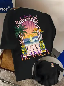 Men's Casual Comfortable Short Sleeve T-Shirt, Casablanca Graphic Print, Fitted Long Top, Ideal for Daily Wear, Travel, Dating