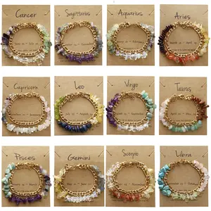 Natural Zodiac Birthstone Bracelet, 12 Styles Guardian Stone Crystal Chips for Energy & Protection, Unisex Daily Jewelry Gift, Adjustable