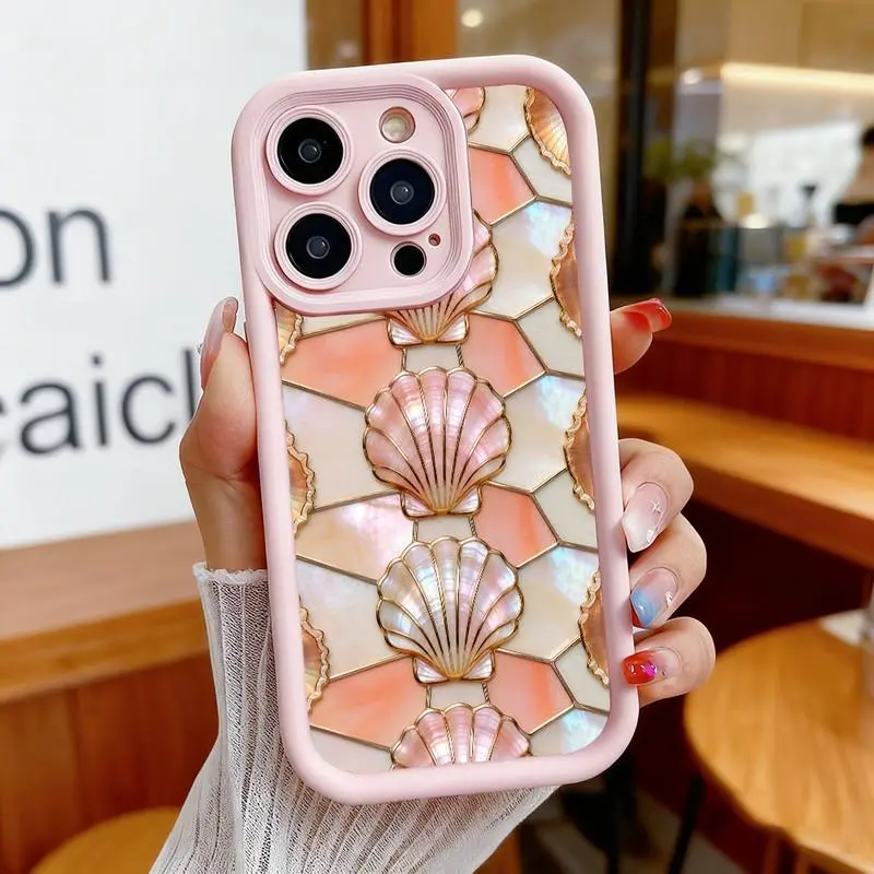 Ocean-inspired luxury seashell pattern phone case. Compatible with iPhone 17 Pro Max/16 Pro Max/15 Plus/14/13/12/11, TPU soft case. Compatible with Galaxy S26 Ultra/S25 Plus/S24/S23, Dopamine color option. Compatible with Galaxy A54/A53/A33/A15.