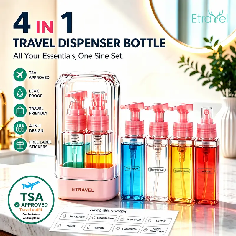 5-in-1 ABS Refill Bottle - Durable, Lightweight, Leakproof, Compact Portable Toiletry Container with Easy Press, Smooth Flow for Shampoo, Lotion, Ideal for Business Travels (Home & Bathroom Soap Dispenser Supplies)