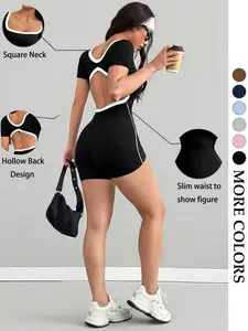 Women's Colorblock Square Neck Short Sleeve Sport Jumpsuit, Slim Fit Athletic Wear, Summer Versatile, Daily Running Fitness Clothes, Workout Jumpsuit