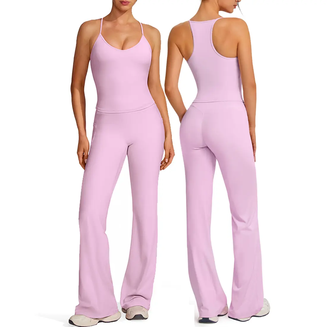 OMKAGI Racerback Womens Workout Sets with Pocket Flare Leggings Gym Outfits | Built in Bra Workout Tops Matching 2 Piece Workout Sets, Flare Leg Pilates Outfits, Cute Hidden Scrunch Leggings with Pockets