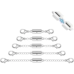 5Pcs Silver Magnetic Necklace Extender, Magnetic Necklace Clasps and Closures with Extender Chains, Adjustable Necklace Extenders, Bracelet Extender, Chain Extension for Necklaces, Multiple Sizes