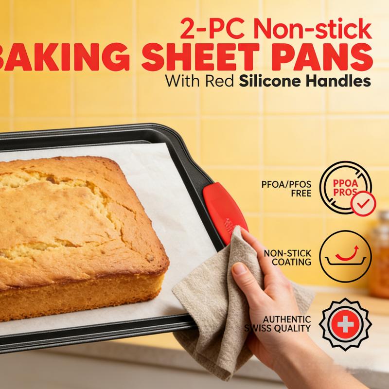 2 Piece Set Non-Stick Carbon Steel Oven Bakeware – Premium Kitchen Cooking Baking Trays – PFOA, PFOS, PTFE-Free Medium & Large Baking Sheet Pans with Soft Red Silicone Handles