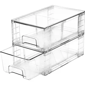 2 Pack Stackable Storage Drawers,Plastic Organizers Bins, Drawers Storage with Handles and Movable Dividers for Organization and Storage in Fridge,Dressers, Pantry, Kitchen Cabinets, Under Sink