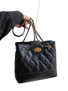 Women's Quilted Leather Bucket Bag, Chain Shoulder Crossbody Bag, Designer Style Handbag, Large Capacity Multi-Compartment Bag
