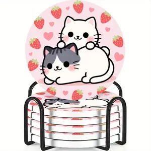 Cute Cat & Strawberry Ceramic Coasters Set, Non-Slip Heat Resistant, Ideal for Coffee & Drinks, Home & Restaurant Decor Gift