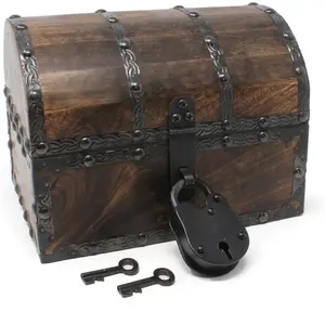 Treasure Chest with Decorative Rivets and Reinforcing Iron Strips with Lock and  (Dark Antique, Small 8x6x6) - Wooden Keepsake Box, Pirate Decor, Storage Chest