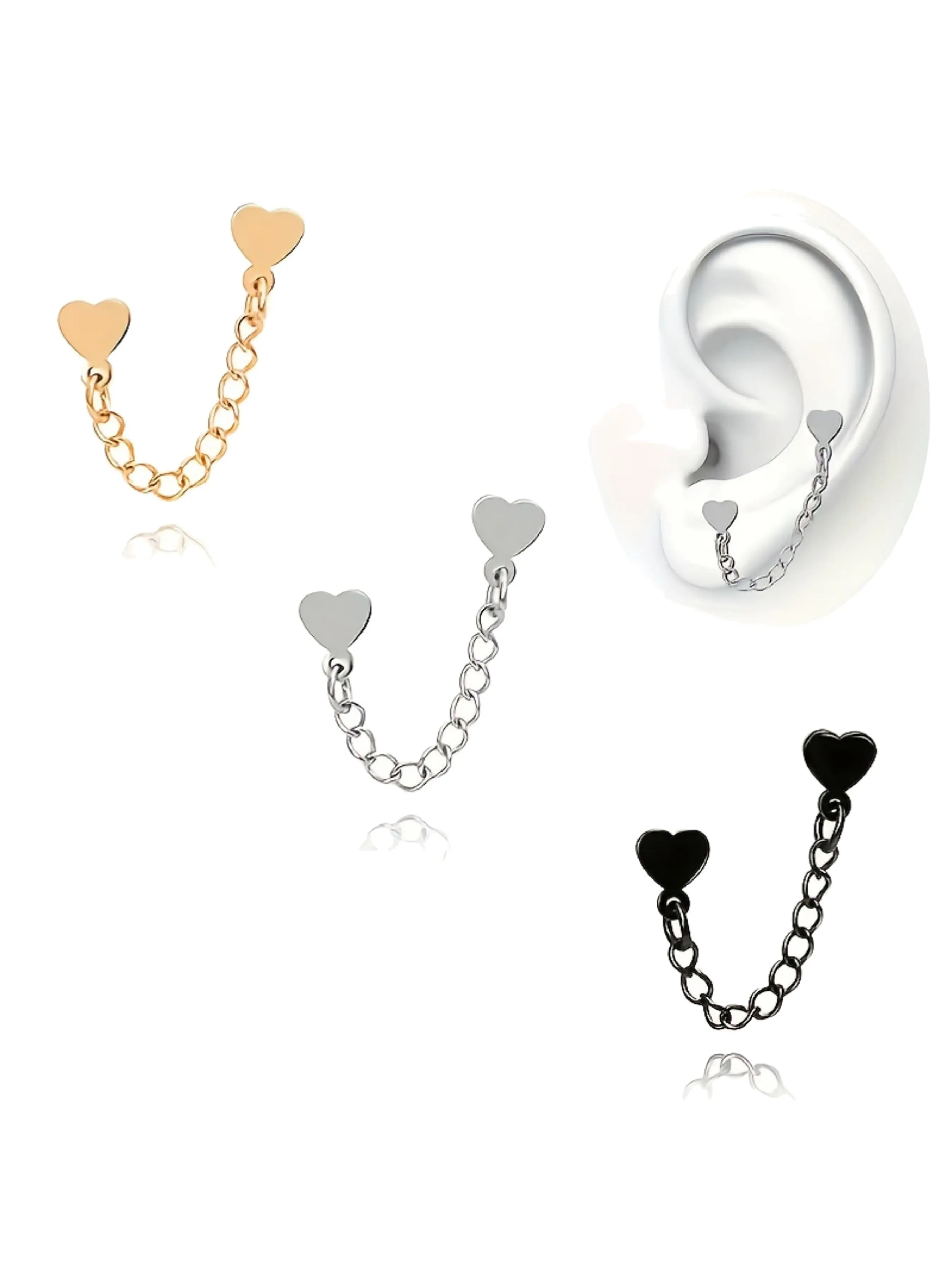 A Pair of Elegant Heart-Shaped Stud Earrings with Chains, Designed for Double Ear Piercings Suitable for Cartilage And Helix, Made of Stainless Steel As a Stylish Accessory, a Unisex Jewelry Gift for Festivals