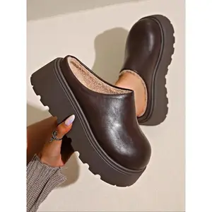 Women's Fashionable Solid Color Velvet? Muller slippers — casual, comfortable, fluffy-lined indoor/outdoor slippers; women’s round-toe all-match walking footwear for fall and winter