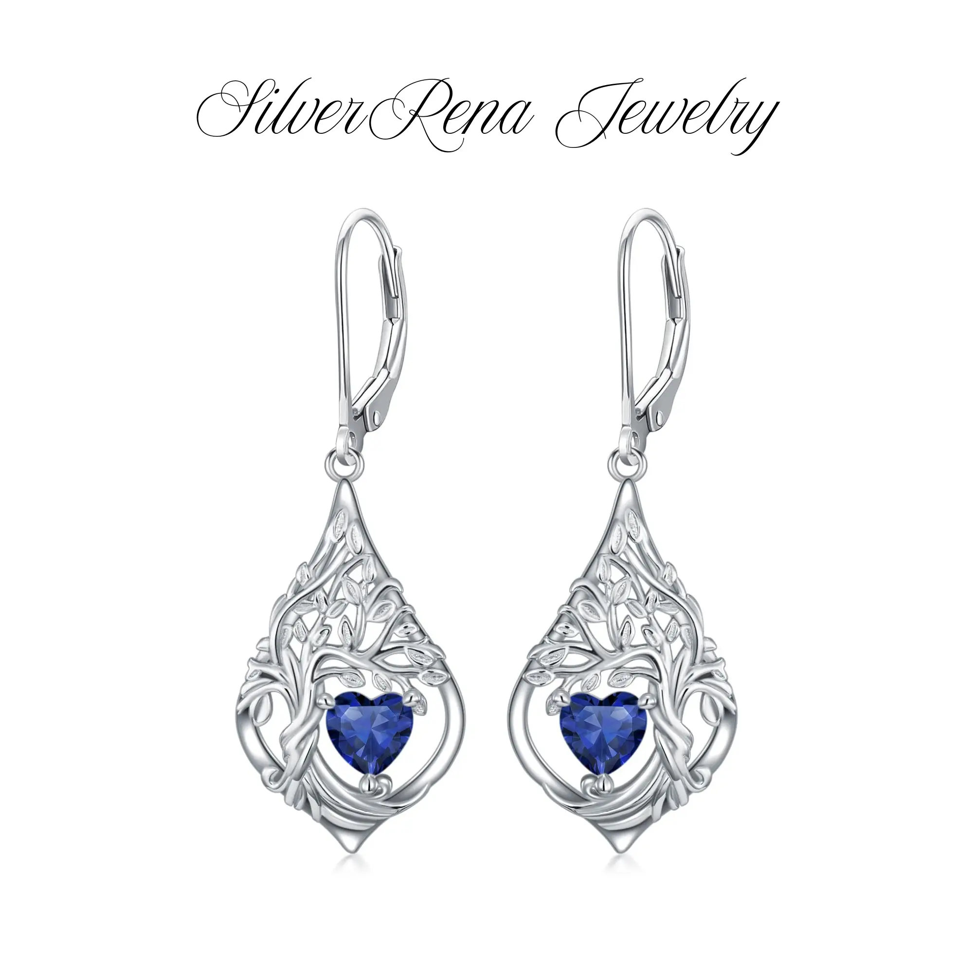 S925 Stylish Synthetic Sapphire Earrings with Tree of Life Design, Elegant Style Drop Earrings Jewelry for Women, 5A CZ Pagan Earrings, Perfect for Casual and Daily Wear, Best Gift for Lover, Girls