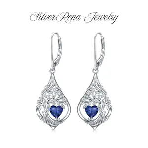 S925 Mother's Day Stylish Synthetic Sapphire Earrings with Tree of Life Design, Elegant Style Drop Earrings Jewelry for Women, 5A CZ Pagan Earrings, Perfect for Casual and Daily Wear, Best Gift for Lover, Girls