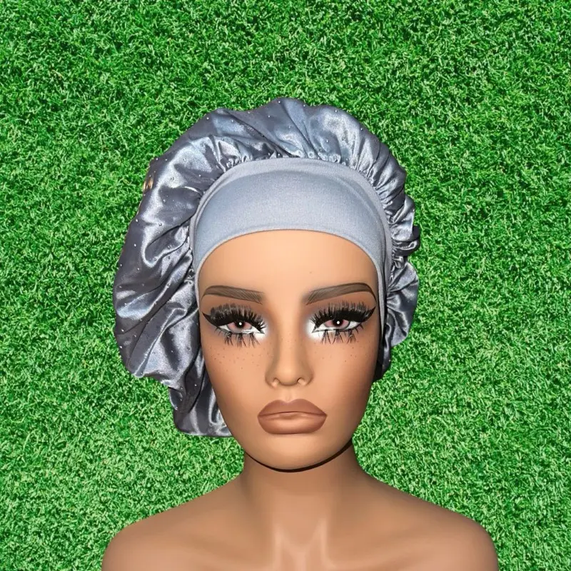 Sparkle Bonnet - Gray Stretchy Breathable Satin Silk Cap Bonnet with Rhinestones One Size Fits All Washable