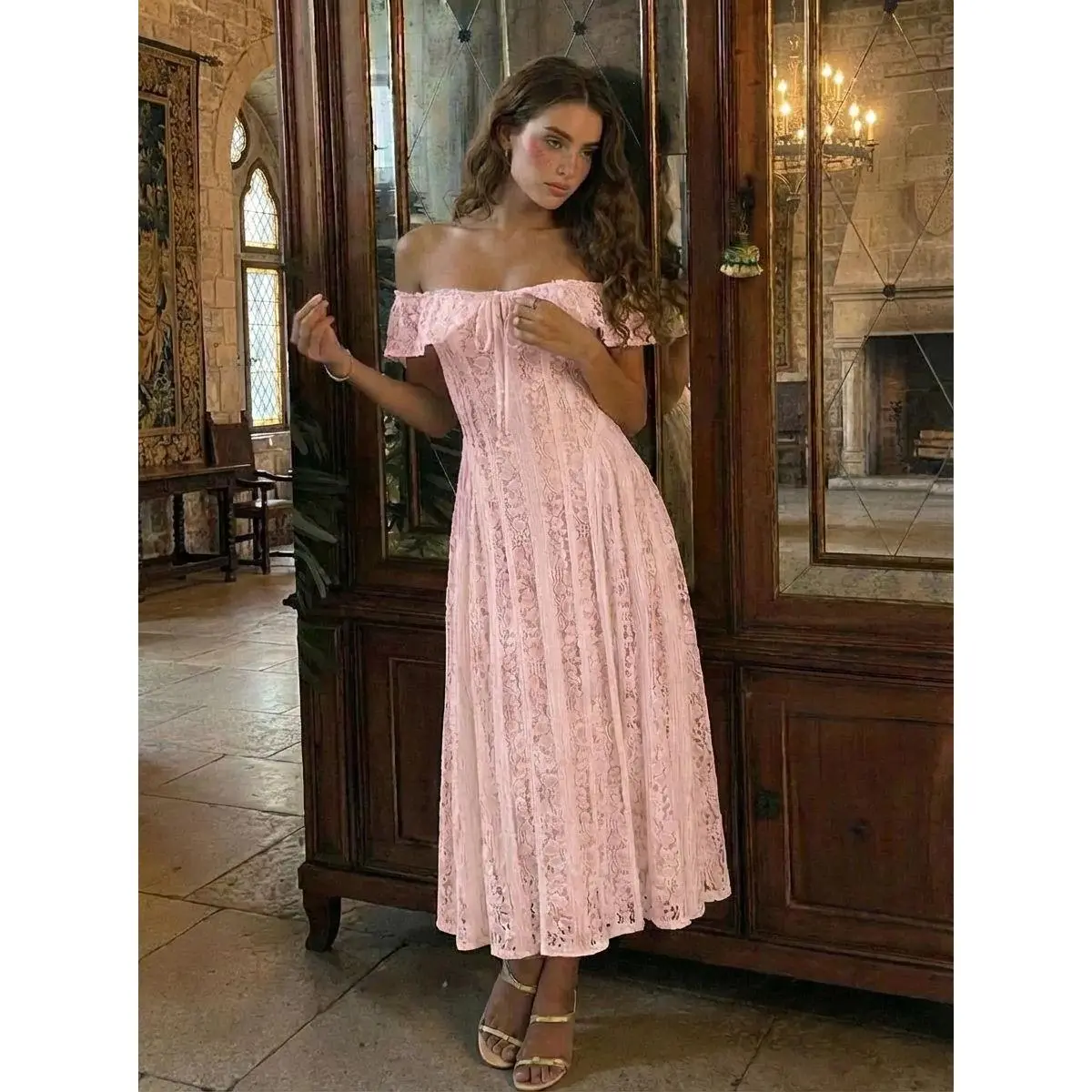CIDER Lace Off-Shoulder Knotted Flared Maxi Dress - TikTok Shop