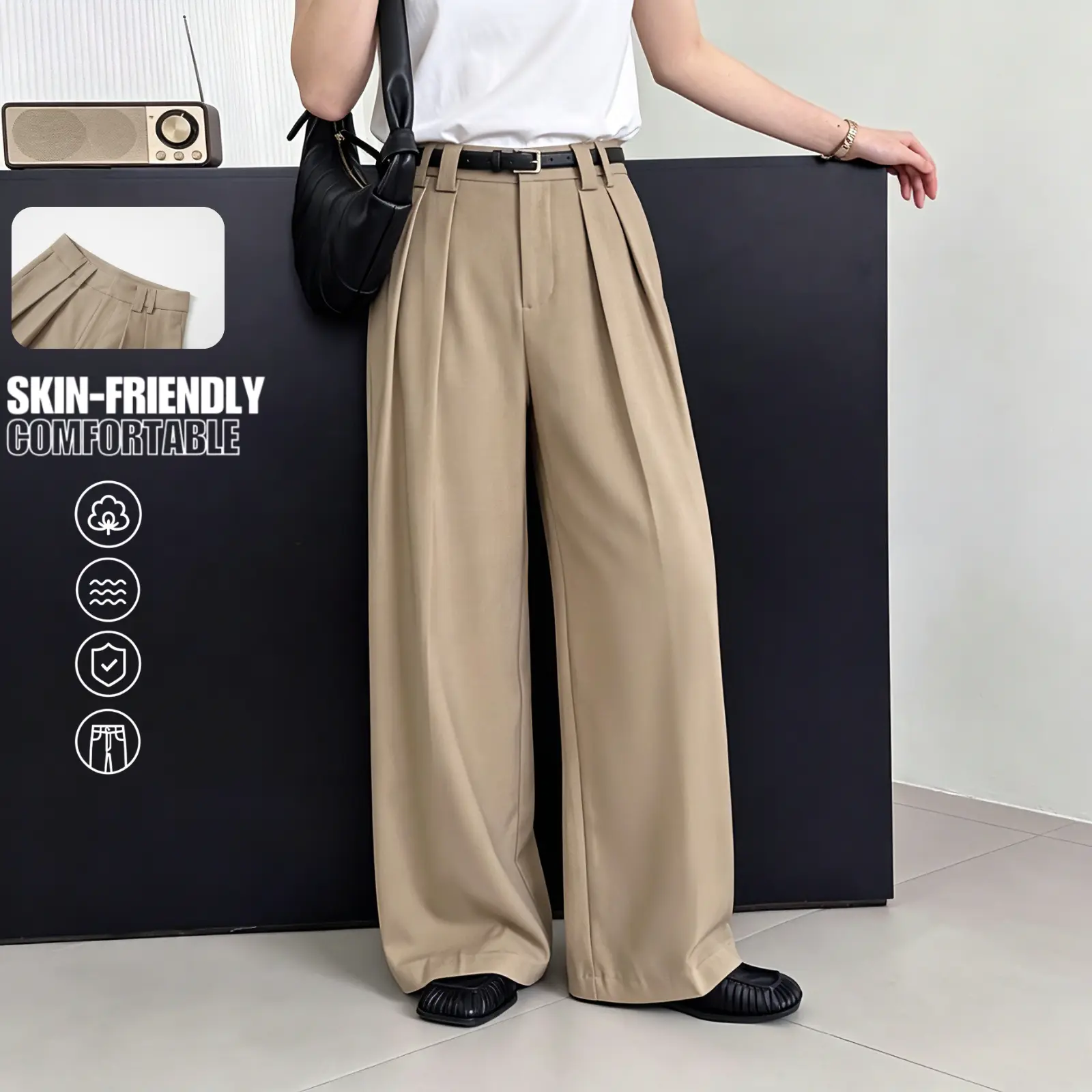 High-waisted double-pleat wide-leg suit pants for women—loose fit with a drapey feel, floor-length, suitable for commuting
