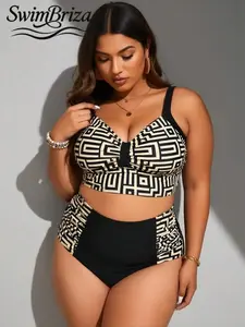 Briza｜Supportive Longline Bikini Sets In Black And Ivory Geometric Maze Print, High Waisted Bikini Sets With Swimsuits Tummy Control, Plus Size Swimsuits 2 Piece Two-Piece Swimsuit For Women, Vacation Swimwear For Women, Confident Glow