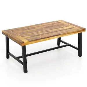 COSTWAY - Acacia Wood Coffee Table with Thickened Top and Heavy-duty Metal Legs
