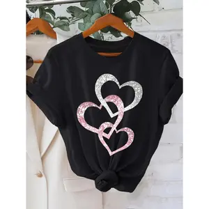 Women T-shirts with Silvery pink heart-shaped pattern print short-sleeved round neck casual tops summer spring Women's clothing
