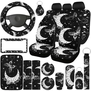 19pcs Women's Butterfly Moon Print Car Seat Cover Set, Full Set of Car Steering Wheel Cover Front & Rear Seat Cover Headrest Armrest Cover Seat Belt Cover Cup Holder Keychain Wristband for Car SUV Truck, Universal Car Accessories, Car Interior Accessory