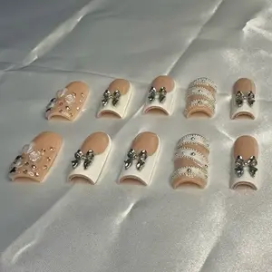 Acrylic Press On French Tip Nail Design - Assorted Colors with Decorative Elements and Metallic Finish