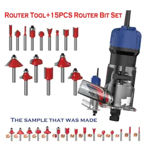  Router Tool+15PCS Router Bit Set Electric Woodworking Trimmer, Plug-in 110V US Standard, with 59.06inch Cord, 450W Wood Trimming Router, Handheld Router, Adjustable Base Height, for Precision Trimming And Engraving Cemented  Hardware Heavy Duty Cutting 