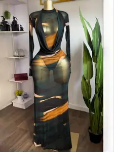 PULKRITU Elegant Women Tie Dye Printed Set Womenswear,Long Sleeve Button Bodysuit Top and Halter Neck Midi Maxi Skirts Tracksuit,See Though Fall Two Piece Set Outfits