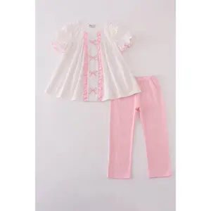Pink bow embroidery dot ruffle pants set
