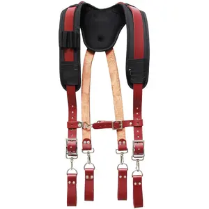 Leather Tool Belt Suspenders With Pockets | Adjustable And Heavy Duty Construction Belts For Men | Leather Work Suspenders - Maroon