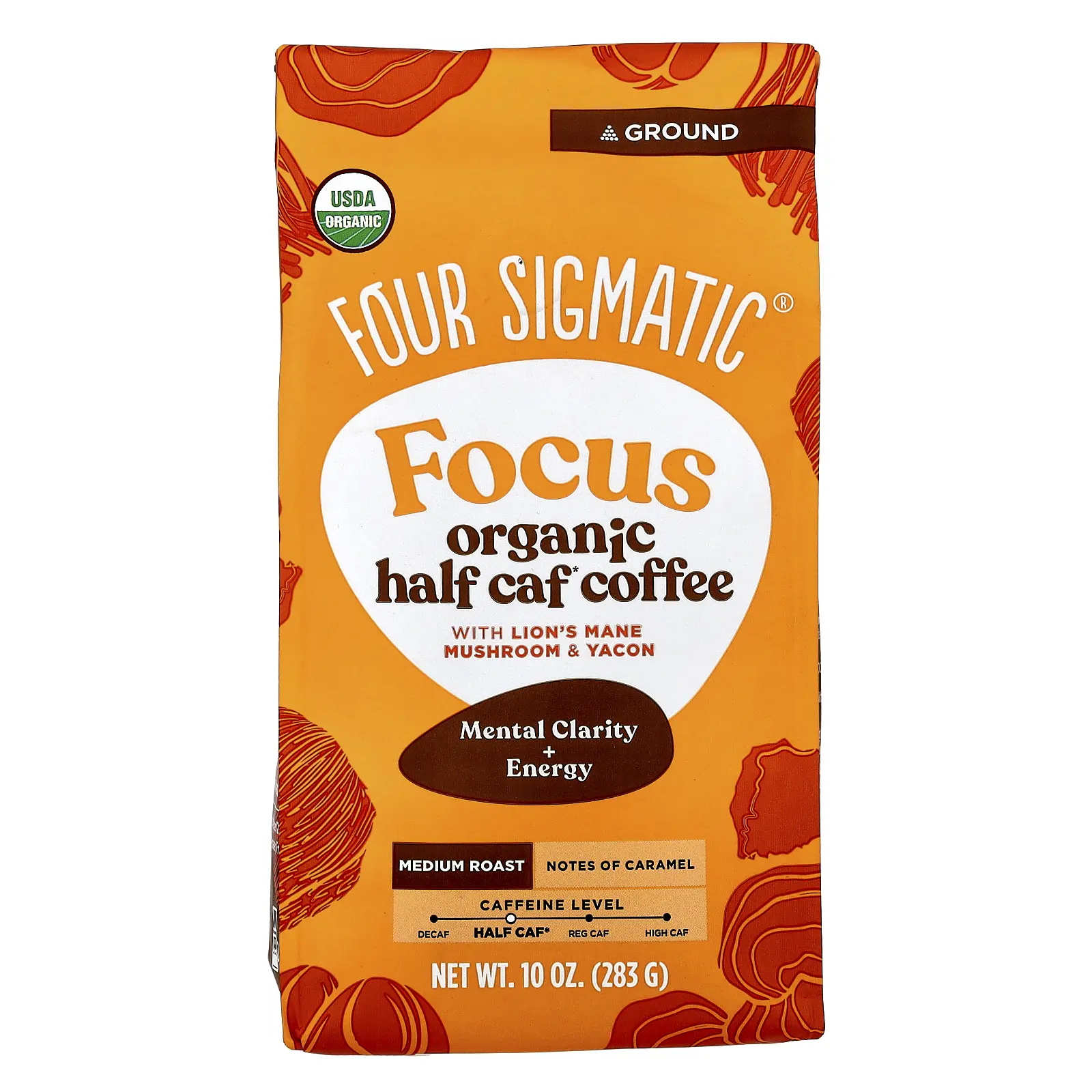 Four Sigmatic Focus, Organic Half Caf Coffee with Lion's Mane Mushroom & Yacon, Ground, Medium Roast, 10 oz (283 g)