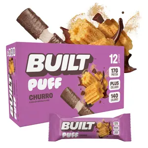 Official BUILT Bar, Puff Protein Bar Snacks, Churro Puff, 17g Protein, 140 Calories, Collagen, Gluten Free, Chocolate-y, Marshmallow-y Texture, 12 Count Box