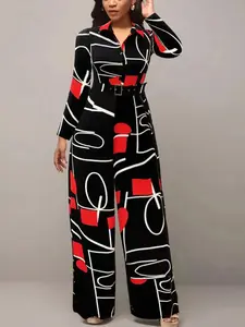 Women's All Over Geometric Print Buttons Belted Wide Leg Jumpsuit, Casual Basic Jumpsuit, Elegant Casual Long Sleeve Collared Jumpsuit for Spring & Fall, National Day Clothing, Ladies Clothes for Daily Wear