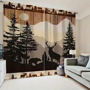 2 pieces of simple forest animal curtains - retro bear and deer design, semi-transparent polyester fiber, with pleated rod bag for hanging, suitable for both living room and bedroom decoration, fade-resistant, living room curtains
