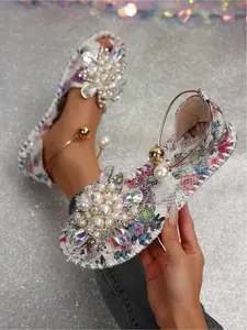Women s Boho Fashionable Floral Sandals Handmade Beaded Flower Flat Summer Beach Shoes Bohemian Print Flip Flops with Pearl Rhinestones