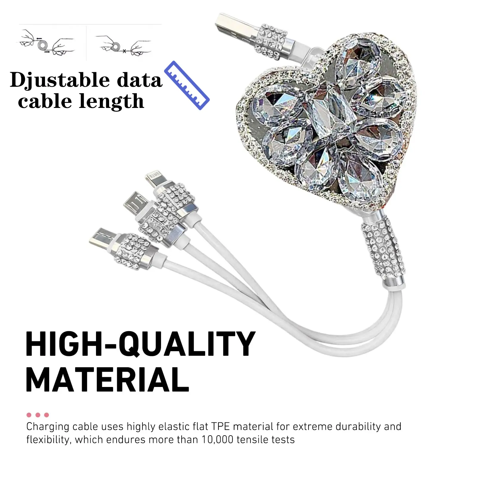 Shiny Bling Heart 3-In-1 Charging Cable, Retractable Fast Charger Wire, Works For IPhone Android Type-C Cell Phones, Elegant Automobile Gift For Women