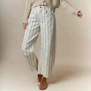 Floral Printed Stitch with Front Bronze Button Detail Denim Pants