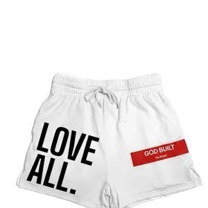 God Built The Brand Love All Shorts White with Bold Black Text and Red Classic Logo Design