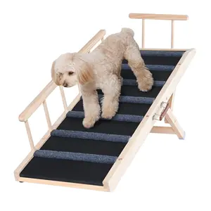 Dog Ramp Folding Pet Ramp For Bed, Step And Access Ramp For Small, Medium, Large, Senior Dogs And Cats, Wooden Pet Ramp 47.2-Inch Long, Adjustable From 13.8-Inch To 27.6-Inch, Suitable For Couch Sofa Car