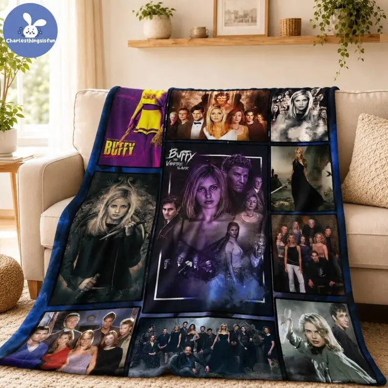 Buffy The Vampire Slayer Fleece Blanket, Vintage 90s TV Show Throw Blanket, 90s Retro Aesthetic Movie Fan Gift, Halloween Xmas Family Gift
