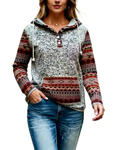 Women's Clothing western Ethnic Style Hoodie Sweatshirt,Featuring Geometric Patterns Pullover,with A Slanted Pocket on the Hood, Soft and Elastic Half Button Long-sleeved Sport Shirt, Suitable for Autumn and Winter