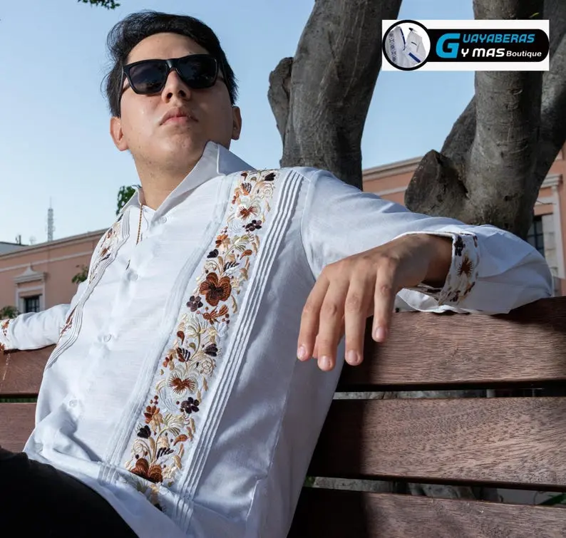 Mens Mexican Guayabera Wedding Shirt Copper Brown Gold Hummingbird Flower Embroidery Long Sleeve Fall