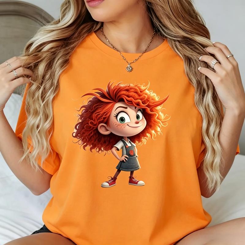Women's Cotton Casual Short Sleeve T-Shirt - Red-Haired Curly Girl Graphic, Soft Cotton, Lightweight, Fitted Cut, TikTok Viral Cottagecore Aesthetic Valentines Day Summer Top, S-5XL US Trending Sohochic