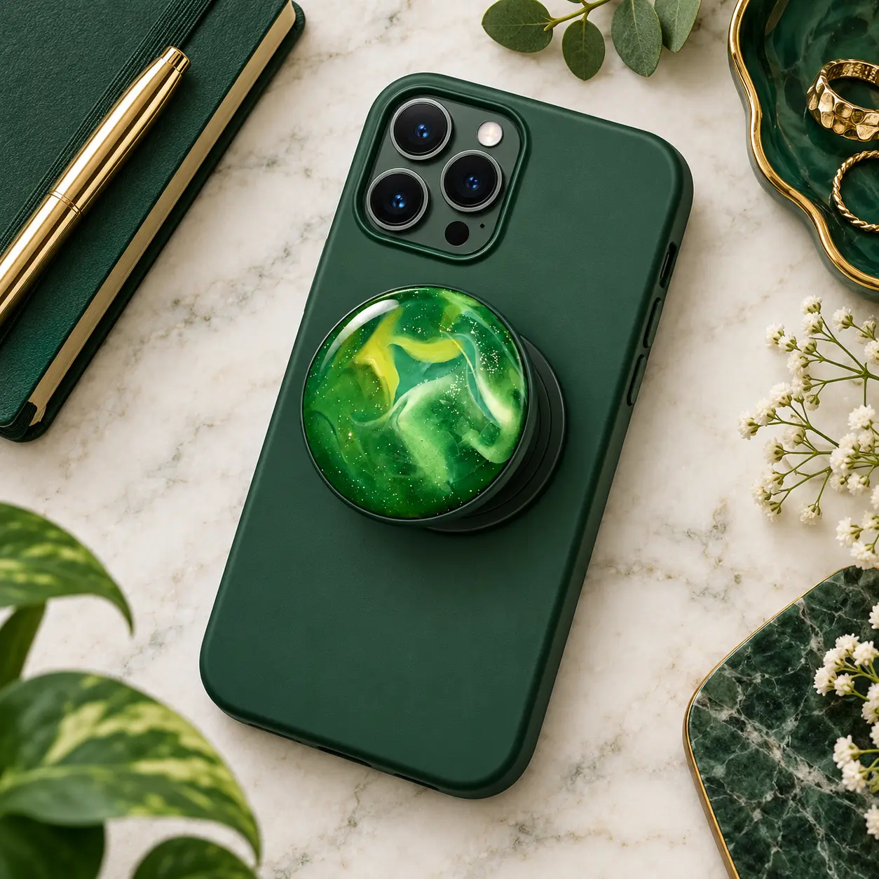 Emerald Green Marble Phone Grip, Aesthetic Galaxy Space & Swirl Phone Socket, Dark Green Vintage Phone Case Accessory
