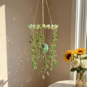 Crystal Rainbow Suncatcher for Home Decor,window hanging,Beaded plant artificial crystal sun catcaher, 1 colorful hanging ornament, home living room bedroom ornament, home décor, holiday and party supplies Decorating Light Hangable Hanger Decoration Green