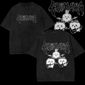 Heavy Metal Chiikawa Usagi Hachiware Washed T Shirts Streetwear Hip Hop Vintage T-Shirts Tee Shirt for Men Women Cotton Oversize Menswear Top