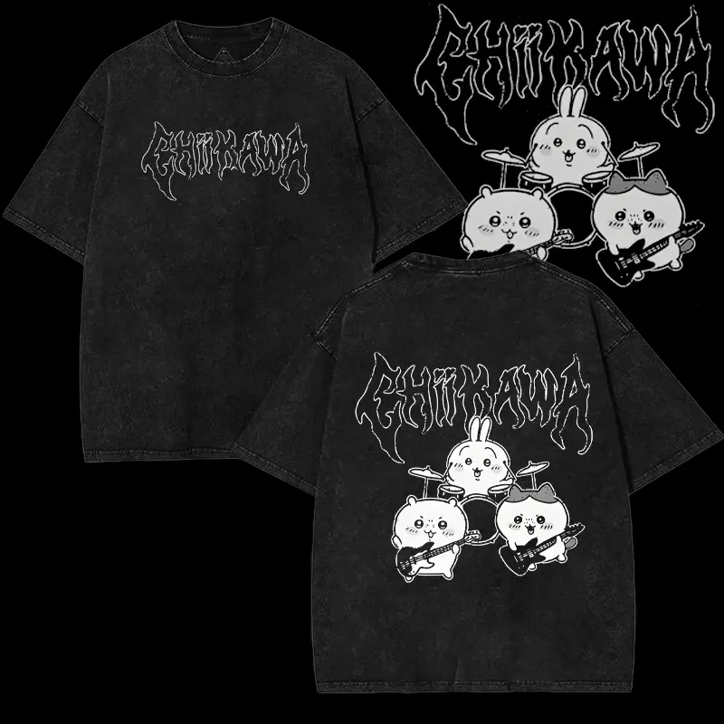 Heavy Metal Chiikawa Usagi Hachiware Washed T Shirts Streetwear Hip Hop Vintage T-Shirts Tee Shirt for Men Women Cotton Oversize Menswear Top